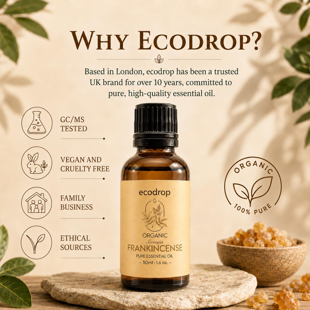 Ecodrop Tea Tree Essential Oil, 10 ml | 100% Pure Organic Steam-Distilled | Melaleuca Alternifolia | Aromatherapy, Diffuser, Massage, Bath, Soap & Candle Making | Australian Fresh Aroma