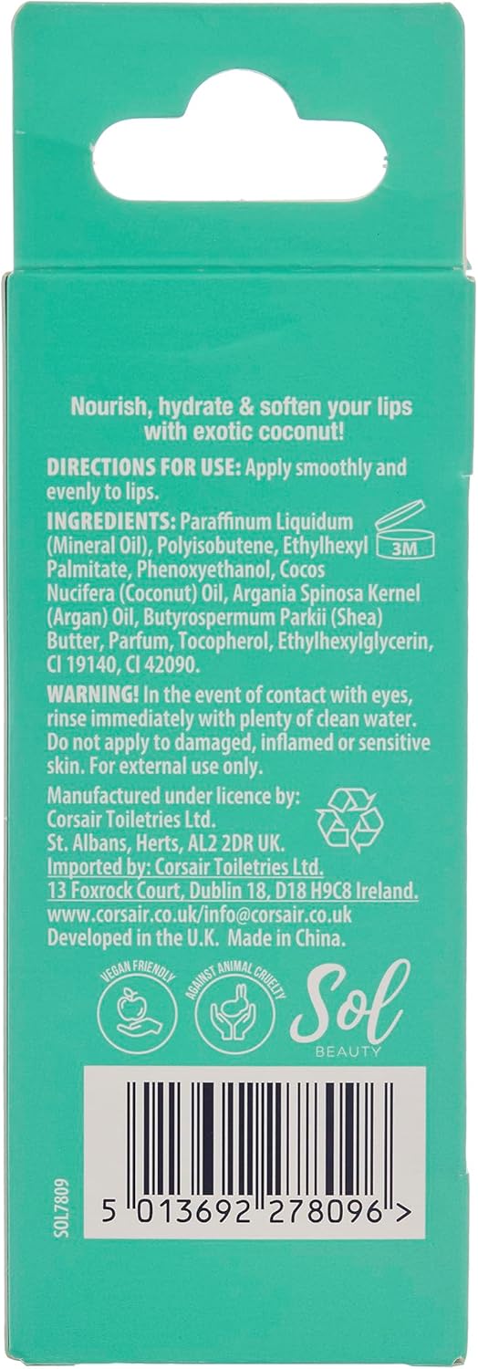 Sol Beauty Coconut Lip Oil with Coconut Extract and Shea Butter, Nourish, Hydrate and Soften Your Lips, Vegan Friendly and Cruelty Free Lip Oil 3g