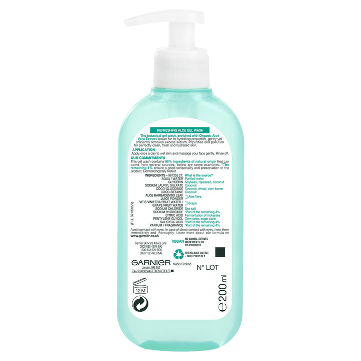 Garnier Natural Aloe Extract Gel Wash Normal Skin, 200 ml [Packaging may vary] Halalzen