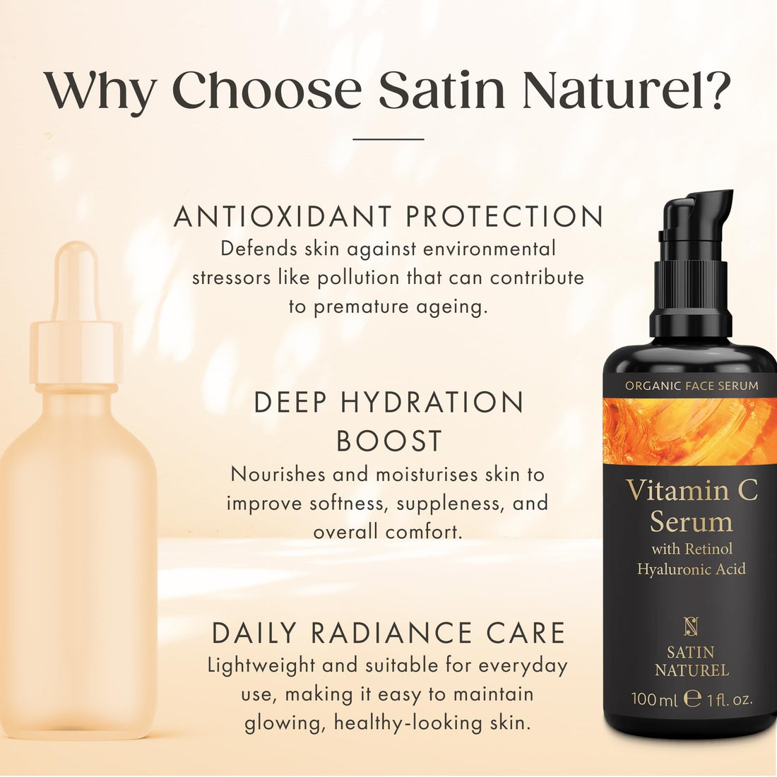 Satin Naturel High-Dose Hyaluronic Serum 100 ml – Organic Hyaluronic Acid Facial Serum – Anti-Aging Moisturizing Serum – Vegan – 24h Hydration – Facial Care for Women and Men
