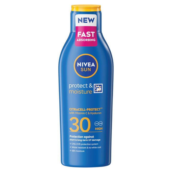 NIVEA SUN Protect & Moisture Sun Lotion SPF 30 (200 ml), Suncream with Vitamin C and Hyaluron, Provides 48H Moisture & Immediate UVA & UVB Protection, Fast-Absorbing No White Cast Formula Halalzen