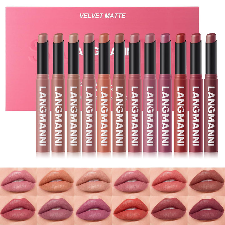 LANGMANNI 12Colors Velvet Matte Lipstick Set, Nude to Bold Shades | High Pigment & Non-Drying | Creamy Lip Color Sticks With Angled Tip in Premium Gift Box for Women Halalzen