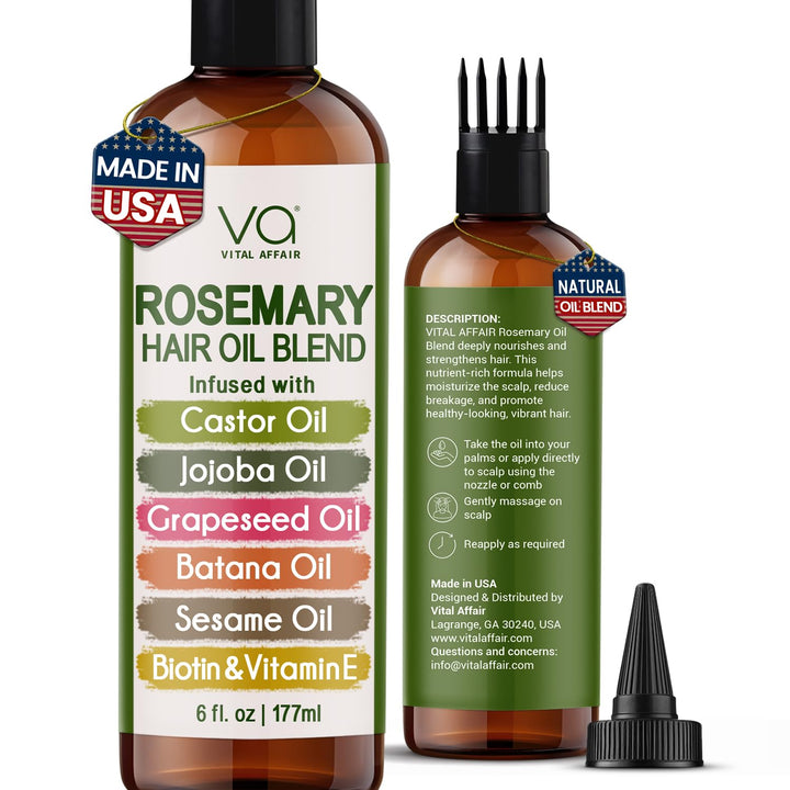 VITAL AFFAIR Blend Of Pure Rosemary Oil For Hair Growth With Castor, Batana, Jojoba Oil-Infused With Biotin & Vitamin E-Blend of Effective Hair Oils for Hair Growth-Strengthening Treatment 6 Fl Oz Halalzen