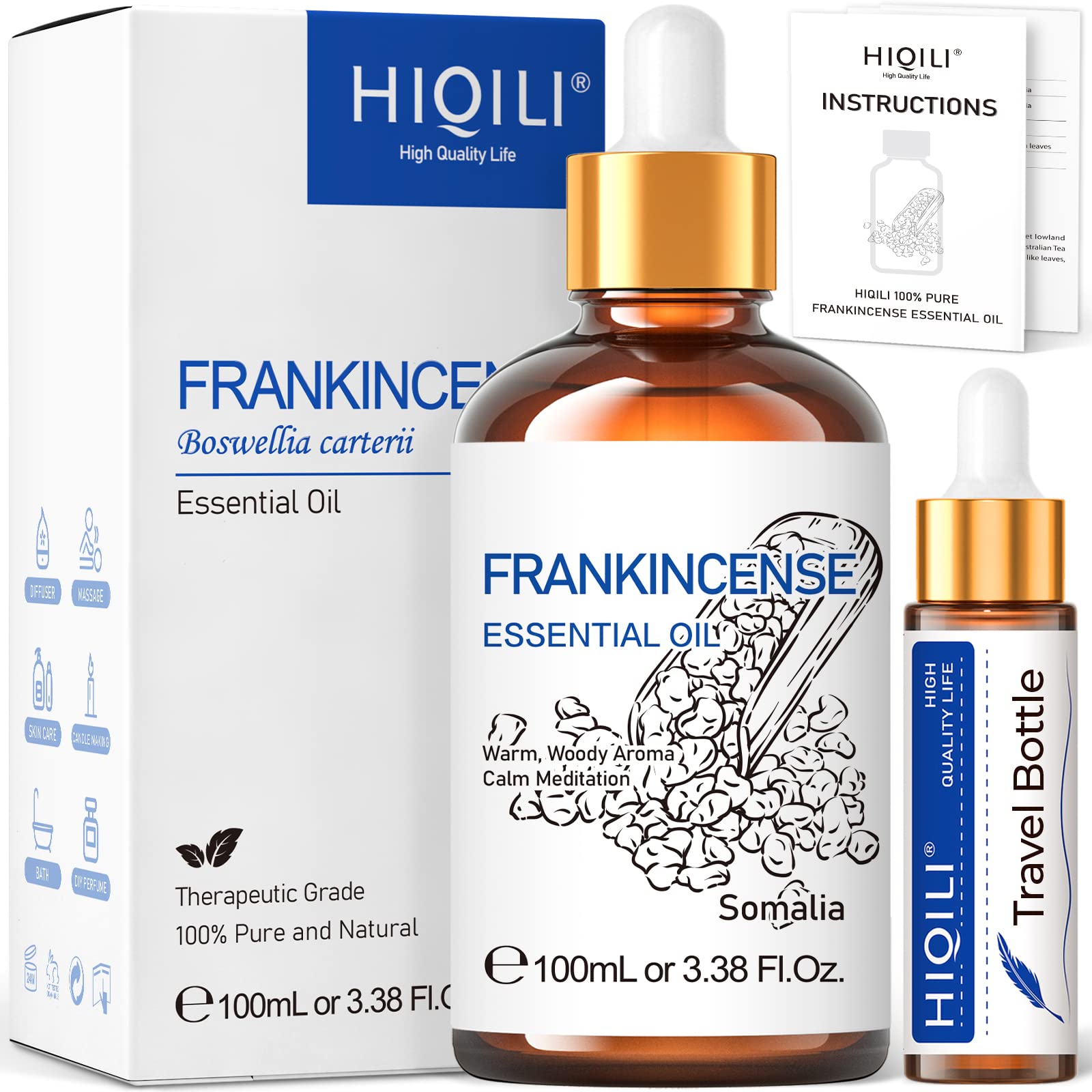 HIQILI 100ml Lavender Essential Oil Pure, 100% Natural Therapeutic Grade for Aromatherapy Diffuser, Skin Care, Hair, Includes Premium Quality Glass Dropper