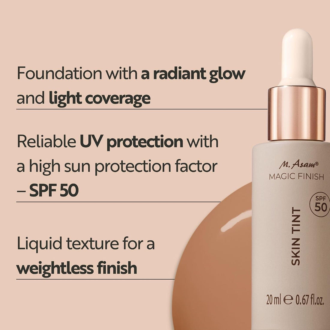 M. Asam MAGIC FINISH Skin Tint Foundation SPF 50 Cool Honey (20ml) - Lightweight Foundation, Tinted Moisturiser, Natural Glow Skin Tint Makeup With Sunscreen SPF 50 Protection Halalzen