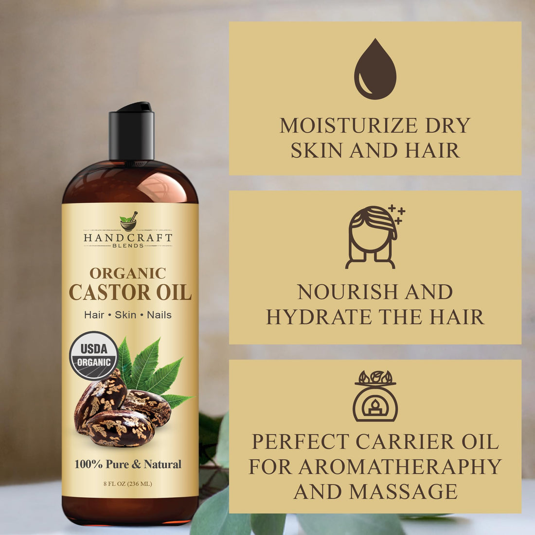 Handcraft Blends Huile de Ricin et Huile de Romarin 236 ml | 100% Pure et Naturelle | Huile Support de Qualité Supérieure | Cheveux, Cils et Sourcils | Cheveux et Corps