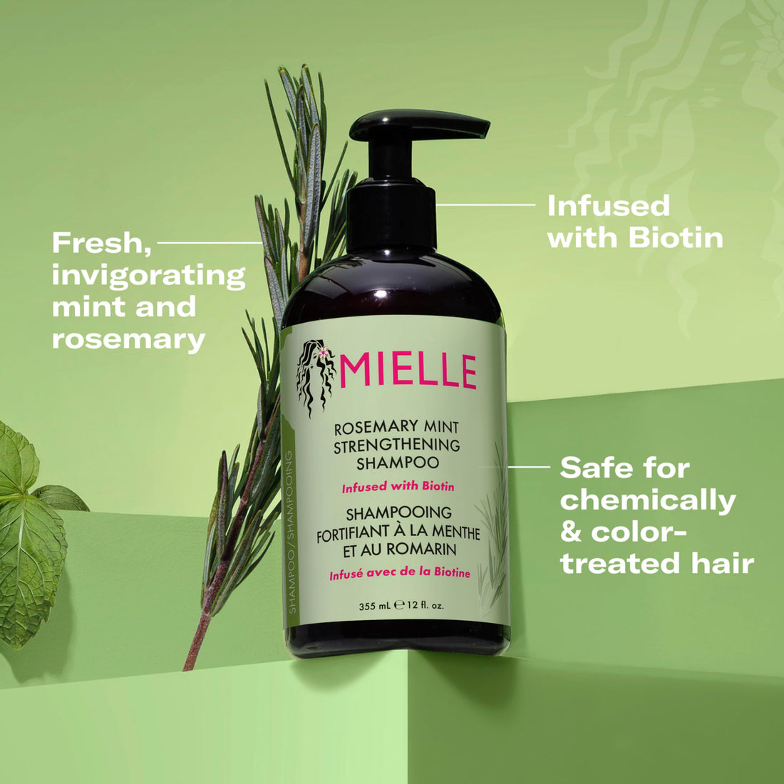 Mielle Rosemary Mint Hair Strengthening Biotin Shampoo - Moisturising Hair Shampoo for Women and Men to Gently Cleanse, Repair & Protect Strands, 355 ml (Pack of 1)