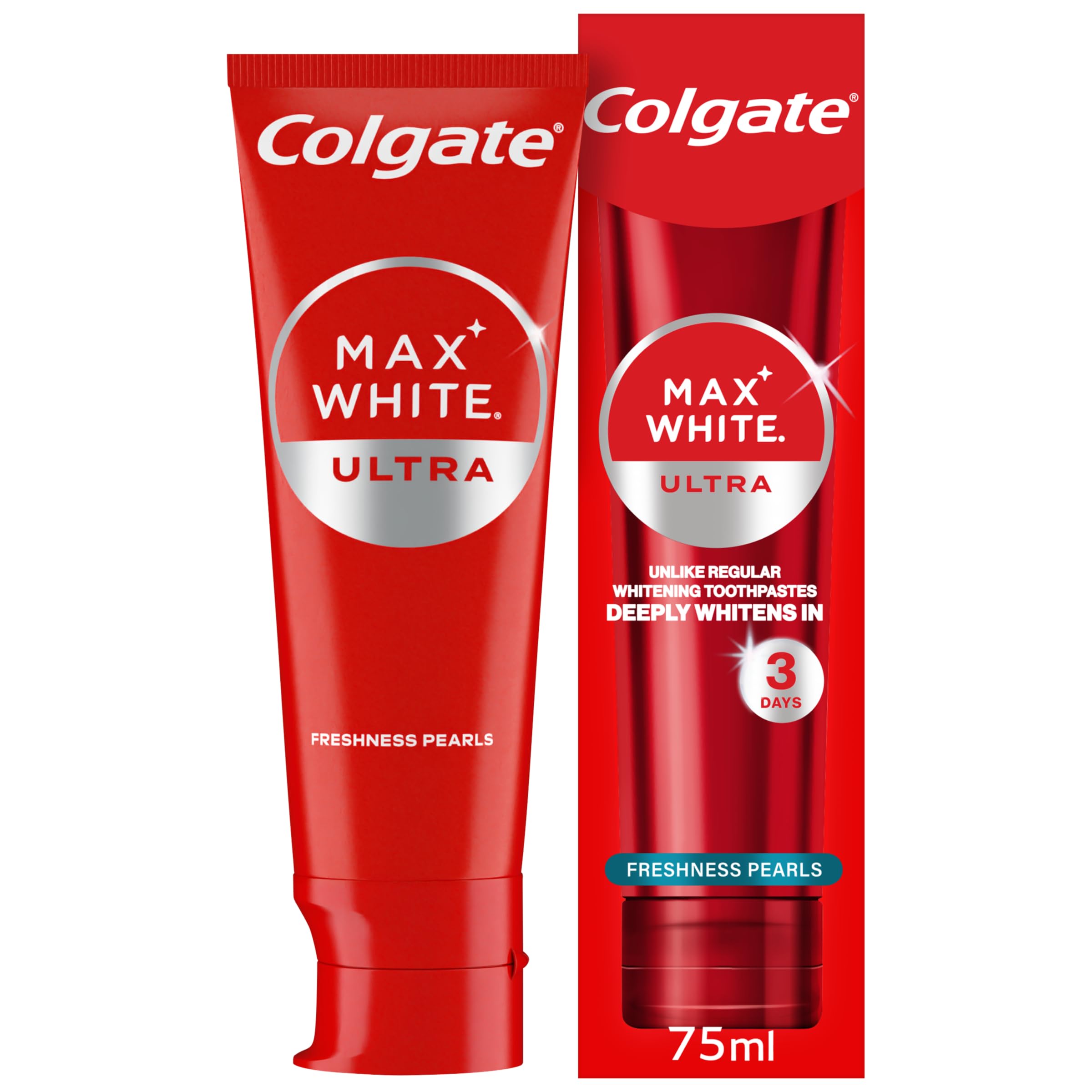 Colgate Max White Ultra+ Enamel Toothpaste 75ml, Whitens Deep Stains for 5X Whiter Teeth, ActiveShine Technology Smoothes Enamel Surface to Reflect Light, Protects and Remineralises Enamel