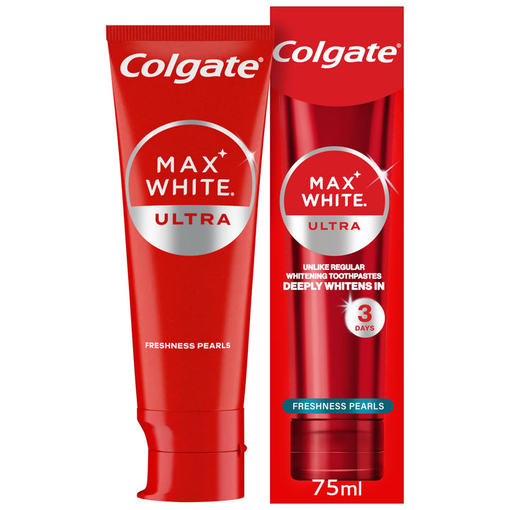 Colgate Max White Ultra+ Enamel Toothpaste 75ml, Whitens Deep Stains for 5X Whiter Teeth, ActiveShine Technology Smoothes Enamel Surface to Reflect Light, Protects and Remineralises Enamel