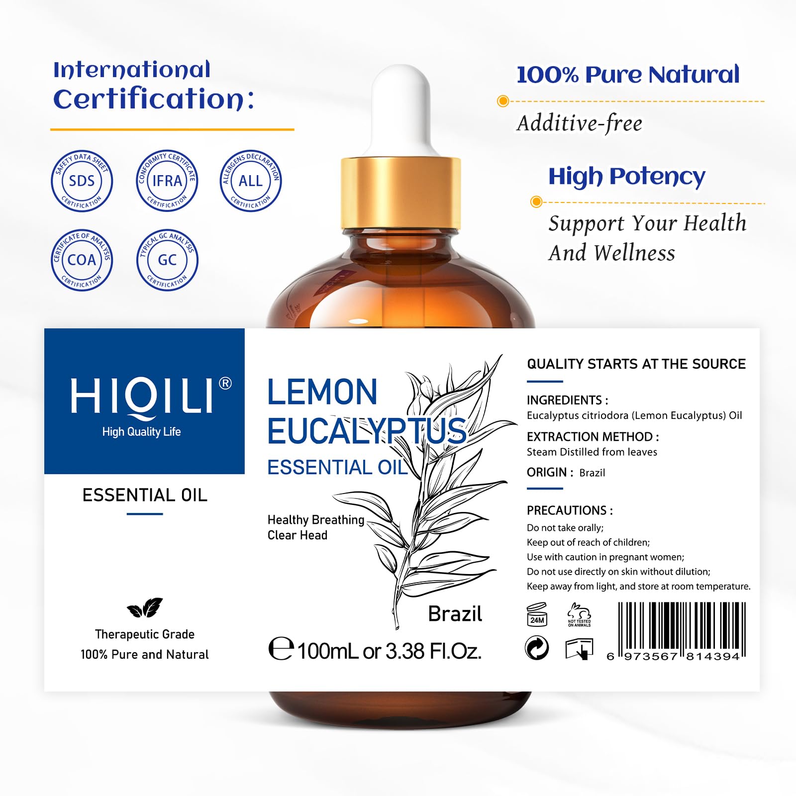 HIQILI 100ml Lavender Essential Oil Pure, 100% Natural Therapeutic Grade for Aromatherapy Diffuser, Skin Care, Hair, Includes Premium Quality Glass Dropper