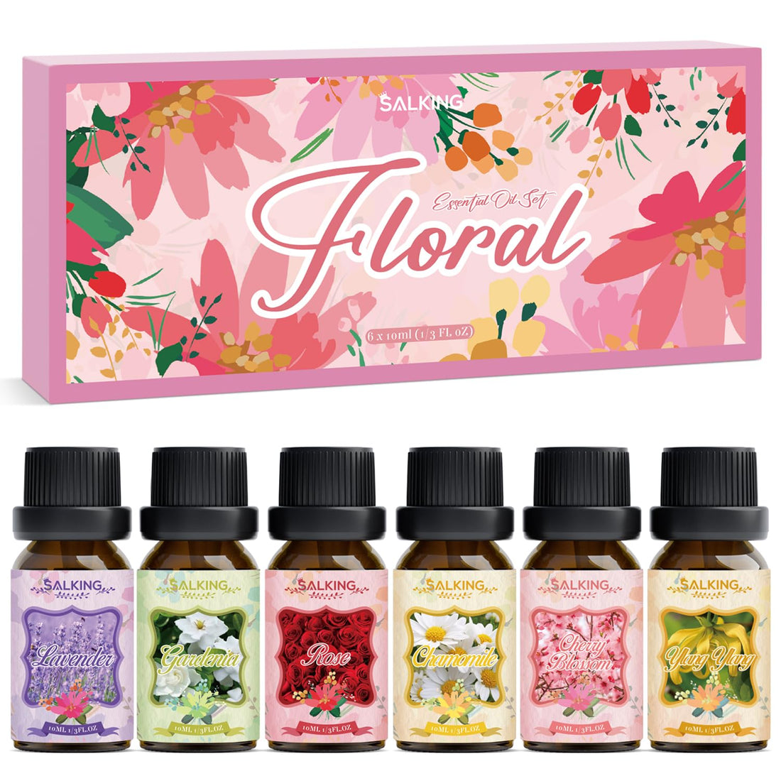 SALKING Essential Oils Set, 100% Pure Fragrance Oil AromatherapyGift, Premium Scented Oils for Diffusers 6 x 10 ML - Lavender, Rose, Jasmine, Cherry Blossom, Gardenia, Chamomile, Pink