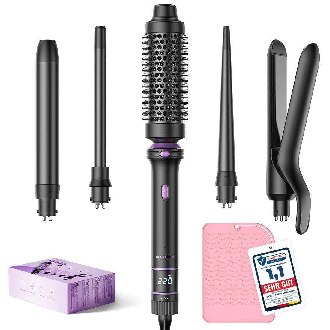 BESTOPE PRO 5 in 1 Hair Curling Wand, Hair Curler Set with Thermal Brush and Hair Straightener, 13 Temperature Control for All Hair Lengths, with Heat Resistant Mat, Glove, Clip, Purple Halalzen