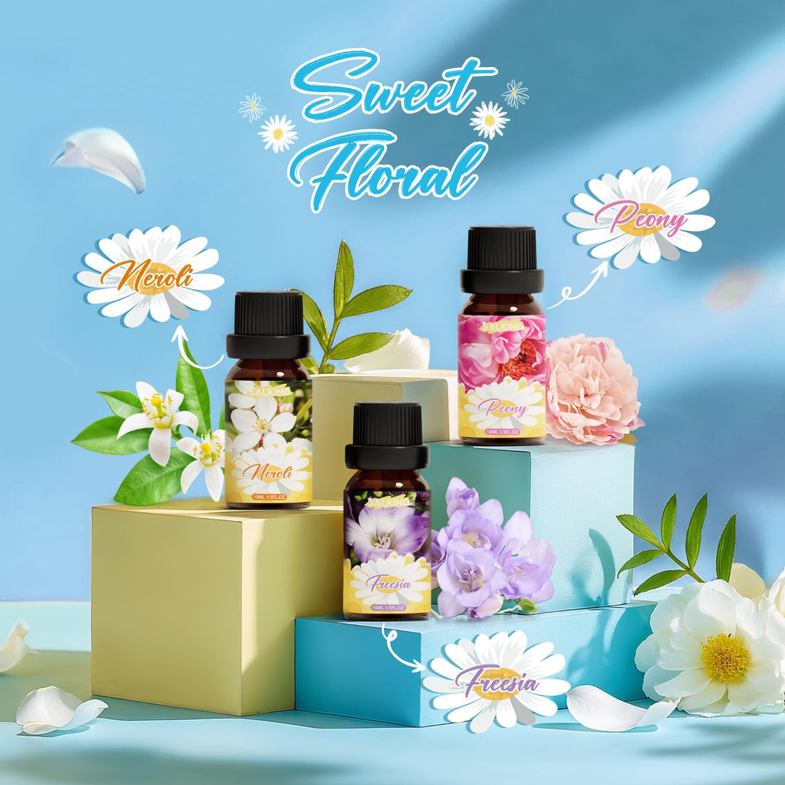SALKING Essential Oils Set, 100% Pure Fragrance Oil AromatherapyGift, Premium Scented Oils for Diffusers 6 x 10 ML - Lavender, Rose, Jasmine, Cherry Blossom, Gardenia, Chamomile, Pink