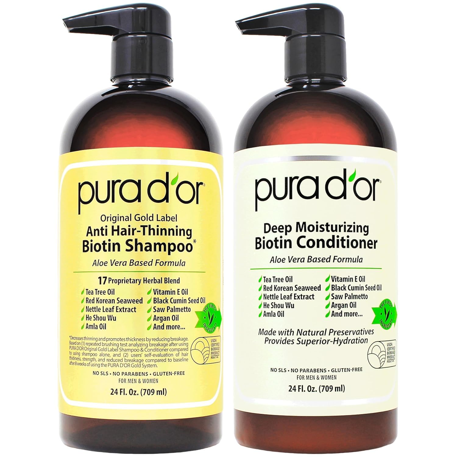 PURA D'OR Anti-Thinning Biotin Shampoo and Conditioner Natural Earthy Scent, CLINICALLY TESTED Effective Results, Herbal Blend Thickening Products For Women & Men, Original Gold Label Set, 16oz x2 | Deep Moisturizing, Conditioner, CLINICALLY TESTED, Effec Halalzen