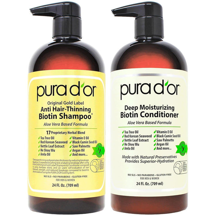 PURA D'OR Anti-Thinning Biotin Shampoo and Conditioner Natural Earthy Scent, CLINICALLY TESTED Effective Results, Herbal Blend Thickening Products For Women & Men, Original Gold Label Set, 16oz x2 | Deep Moisturizing, Conditioner, CLINICALLY TESTED, Effec Halalzen