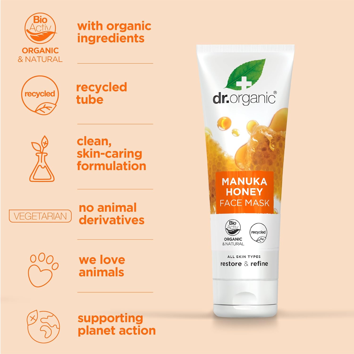 Dr Organic Manuka Honey Face Mask, Nourising, Dry Skin, Mens, Womens, Natural, Vegetarian, Cruelty-Free, Paraben & SLS-Free, Recycled & Recyclable, Organic, 125ml, Packaging May Vary