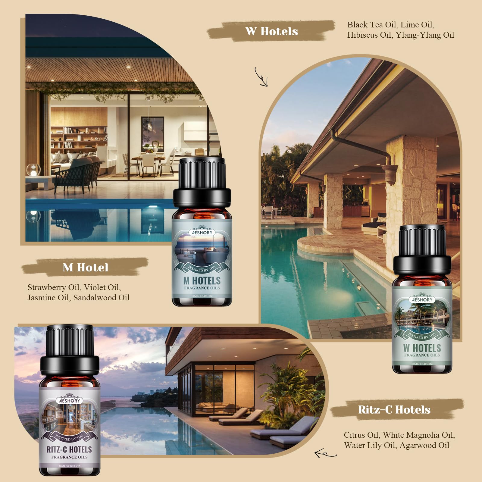 AESHORY 6 x 10ml Hotel Essential Oils Set, Premium Luxury Aroma Oil Scented Oil for Diffuser for Home, Humidifier, Candle Making, Air Freshening