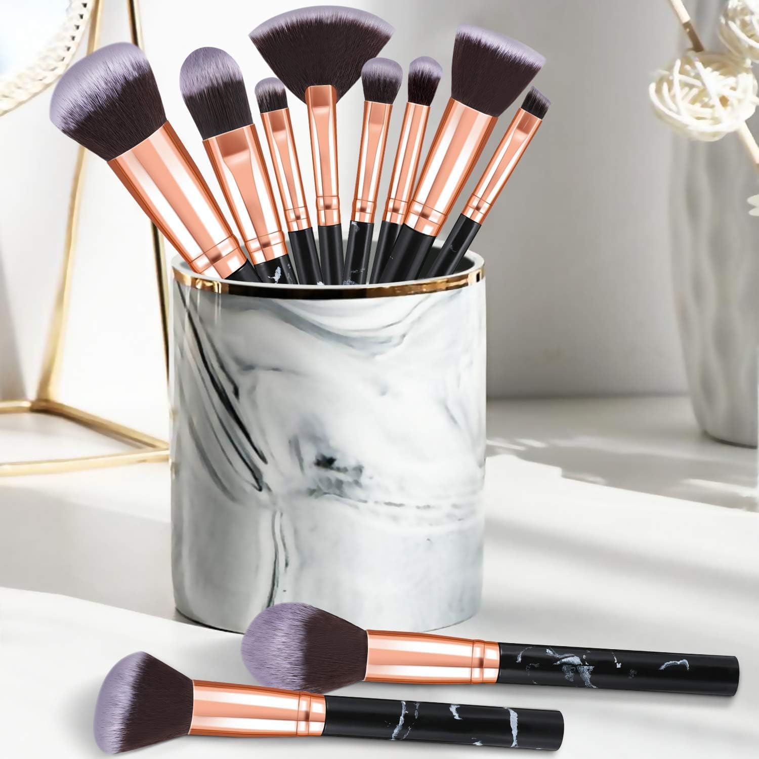 Makeup Brushes 10Pcs Marble Makeup Brush Set Foundation Powder Blush Blending Eyeshadow Brushes Sets Halalzen