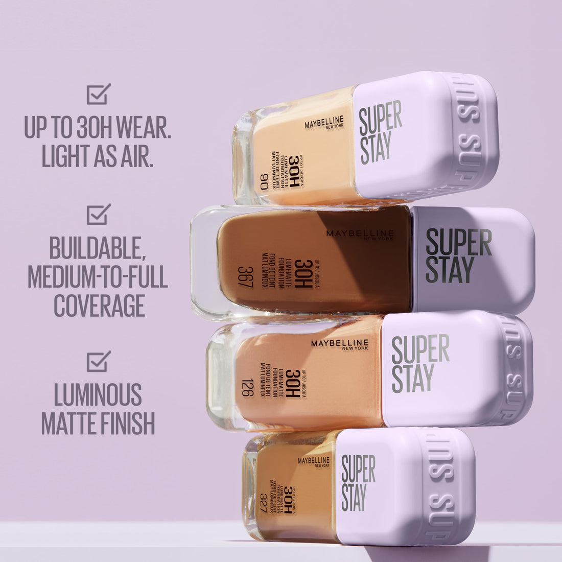 Maybelline New York Super Stay up to 30HR Lumi-Matte Foundation, Medium-Full Coverage, Vegan Formula*, Amino Acids, Niacinamide, Vitamin E, All Day Wear - Shade: 118 Halalzen