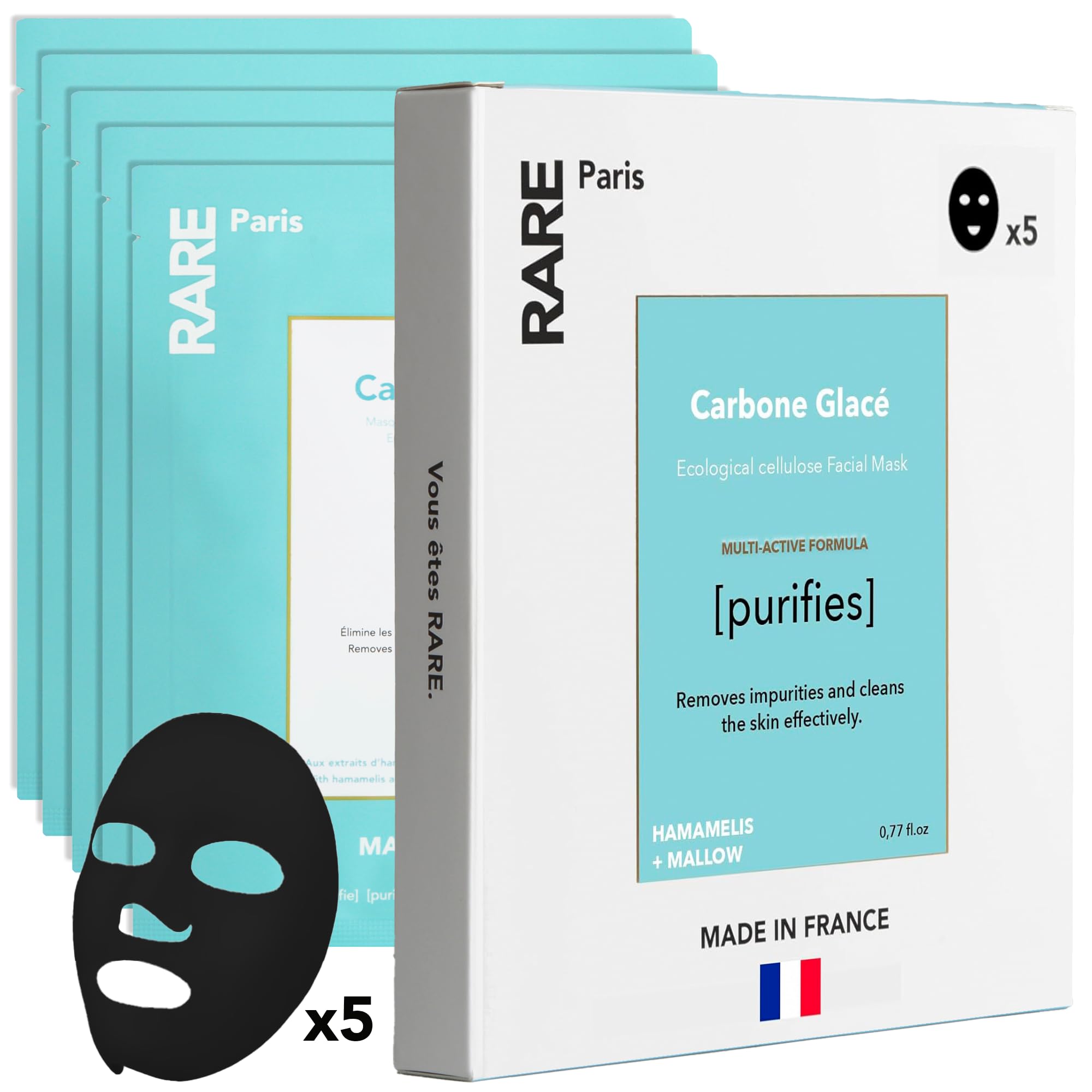RARE Paris - Carbone Glacé - Purifying Carbon Black Facial Sheet Mask - Cleanses & Tightens - With Hamamelis & Mallow - Purifying, Firming & Revitalizing - Multi-Active Serum Formula - 1 Pack Halalzen