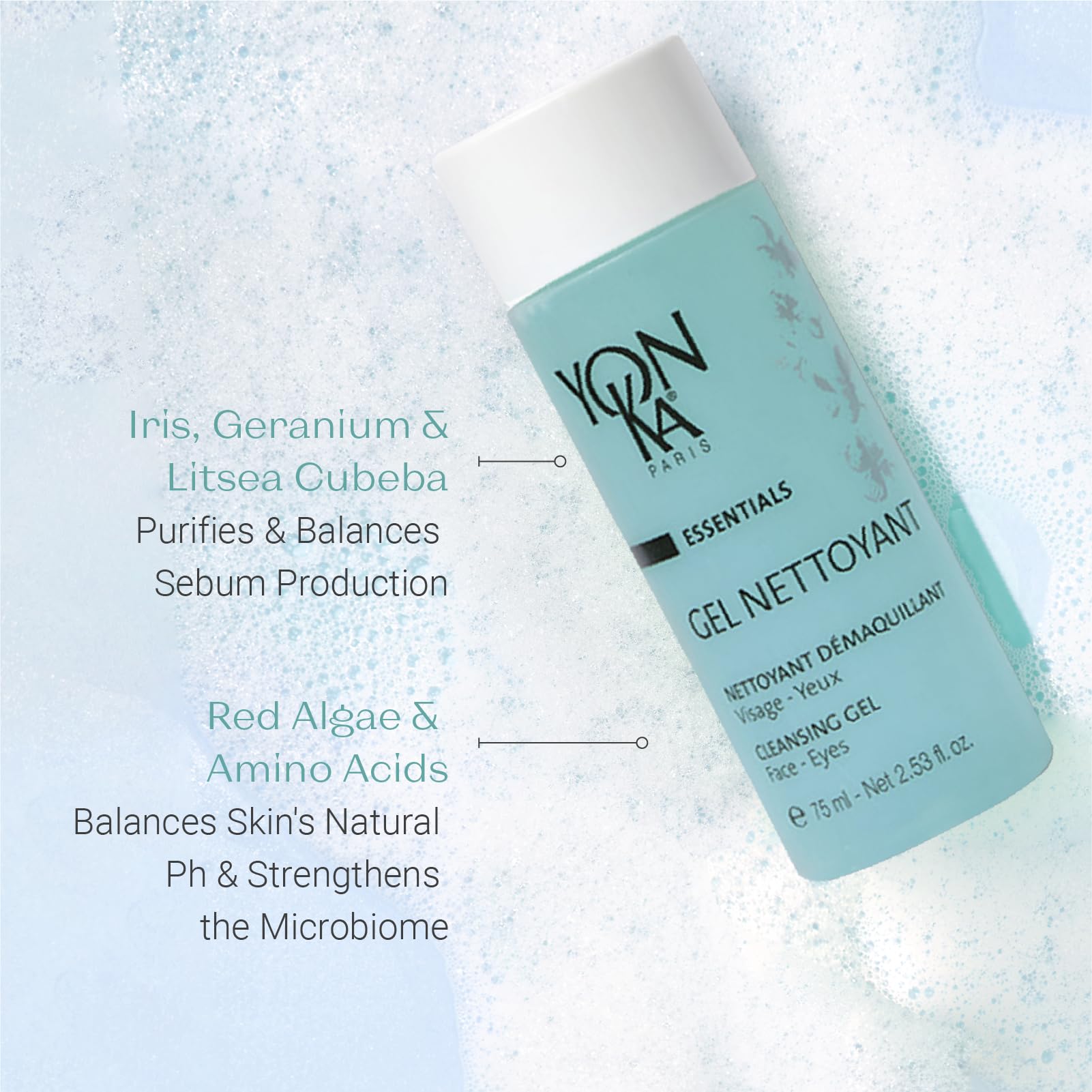 Yonka Gel Cleanser | Gentle Foaming Face Wash & Makeup Remover | Cleanses Pores and Balances Skins pH with Red Algae & Amino Acids | For Acne Prone & Oily Skin | Paraben-Free