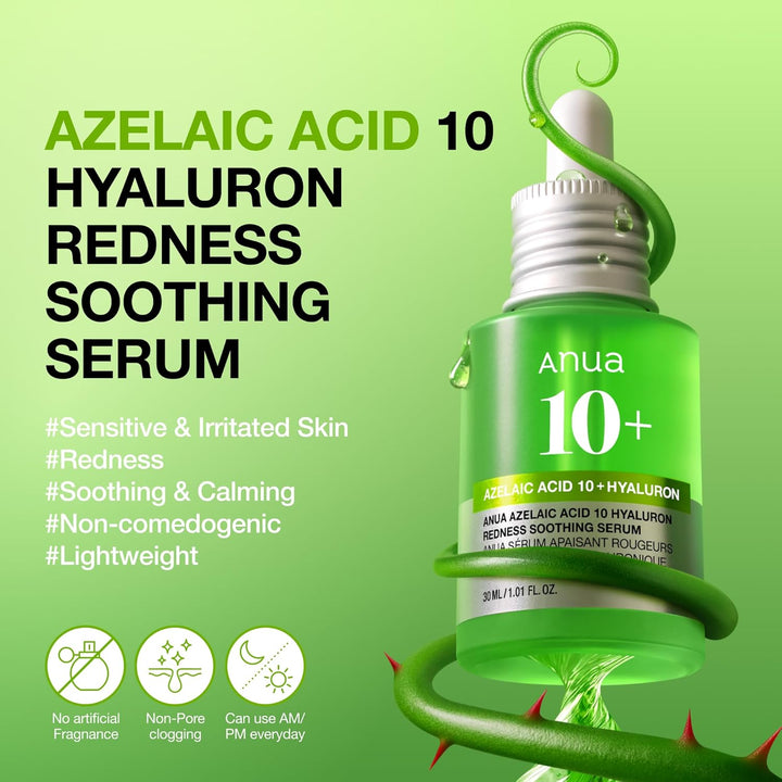 Anua Azelaic Acid 10 Hyaluron Redness Soothing Serum, Facial Serum for Blemish-Prone & Oily-Prone Skin, Lightweight & Hydrating Blemish Care, Hyaluronic Acid, Korean Skincare, 1.01 fl oz. Halalzen