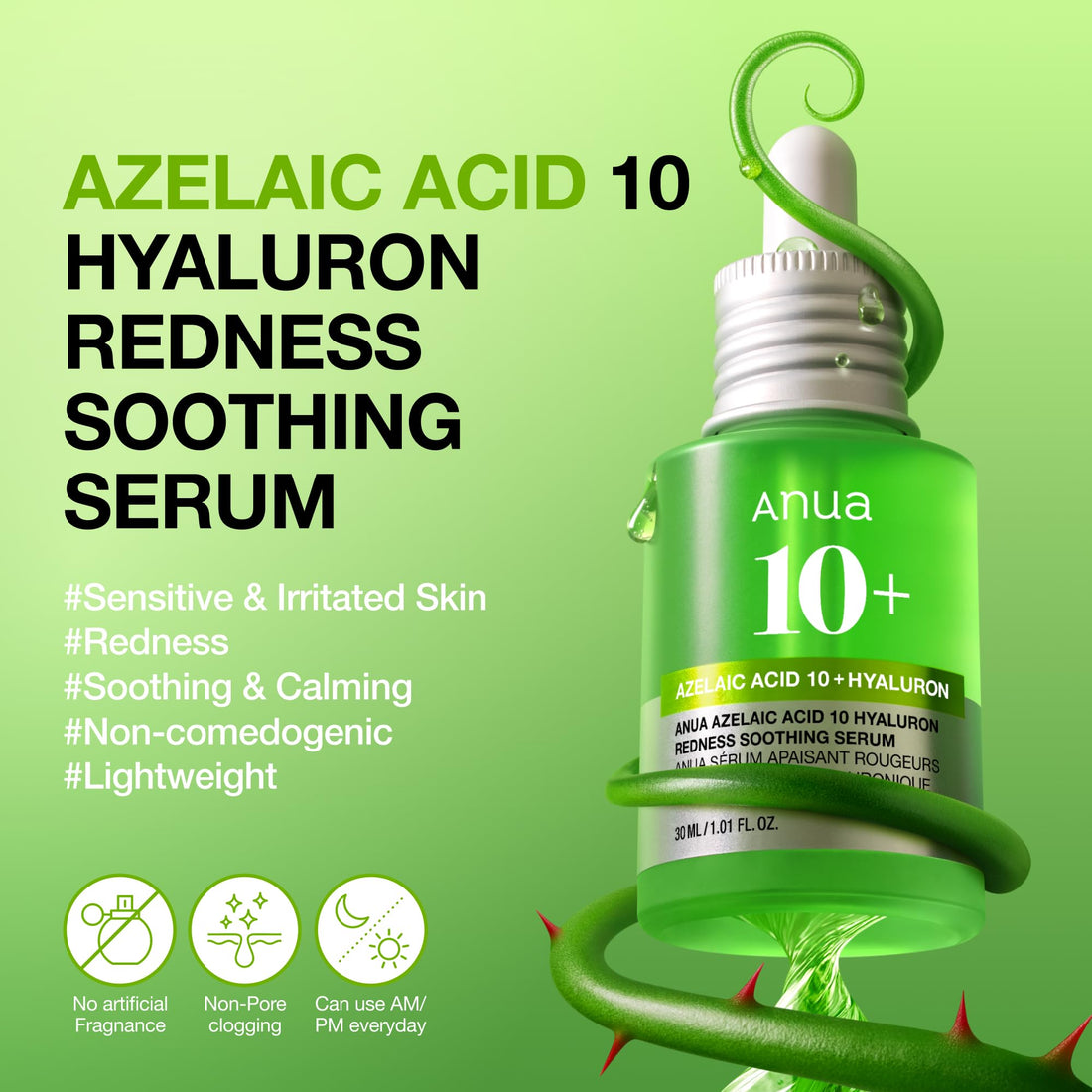 Anua Azelaic Acid 10 Hyaluron Redness Soothing Serum, Facial Serum for Blemish-Prone & Oily-Prone Skin, Lightweight & Hydrating Blemish Care, Hyaluronic Acid, Korean Skincare, 30ml Halalzen