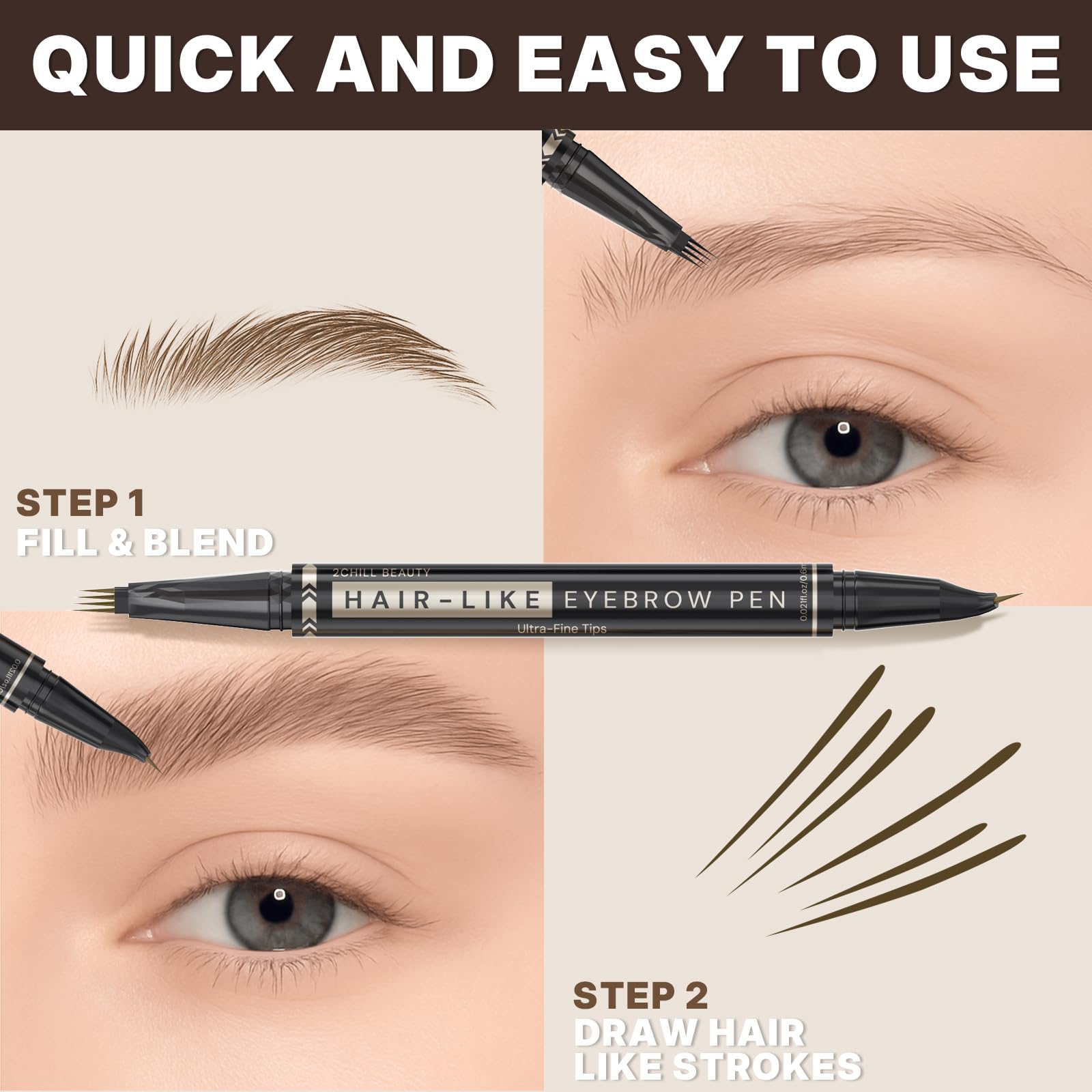 2CHILL 30° Curved Eyebrow Pencil, Magic 2 in 1 Eyebrow Pen Pro, Waterproof Eye Brow Pen with 4 Tips, Vivid Microblading Brow Pencils for Women, Last All Day Makeup (03 Dark Brown)