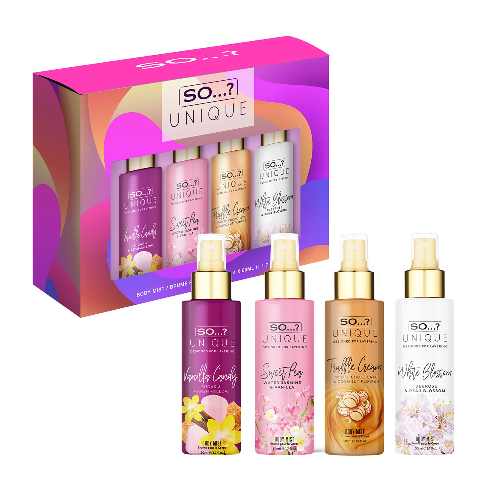 So…? Unique Mini Mist Womens Gift Set with Vanilla Candy, Sweet Pea, Truffle Cream, & Cashmere, Body Mist Fragrance Spray Set (4 x 50ml.) Halalzen