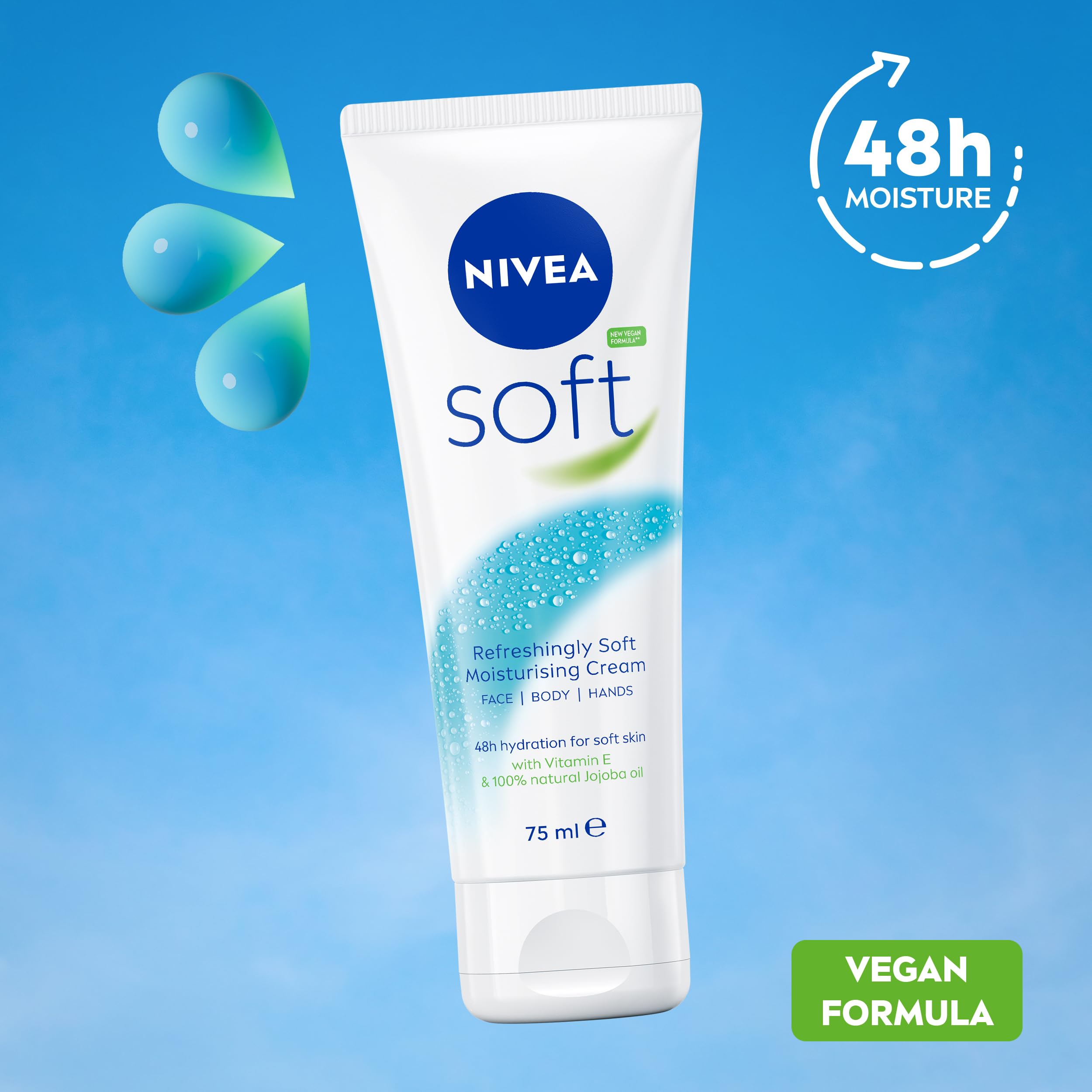 NIVEA Soft Moisturising Cream (75ml), 48H Moisturising Cream for Face, Body and Hands with Vitamin E and Jojoba Oil, Hand Lotion Moisturises Deeply, Vegan Formula Day Moisturiser