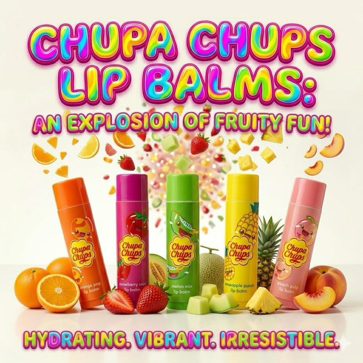 Chupa Chups Lip Licking Lip Balm Collection, 5 Assorted Flavors: Orange Pop, Strawberry Swirl, Melon Mix, Pineapple Punch, and Peach Pulp - Fun, Flavored Lip Care Gift Set for Kids and Adults