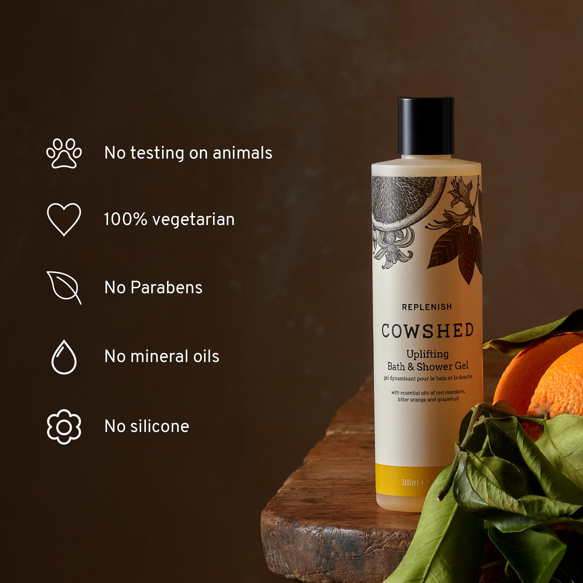 Cowshed Bath & Shower Gel 300ml | Replenish Uplifting Body Wash for Women & Men | Natural Body Wash, No Parabens | Hydrating Vegan Shower Gel with Red Mandarin, Bitter Orange and Grapefruit