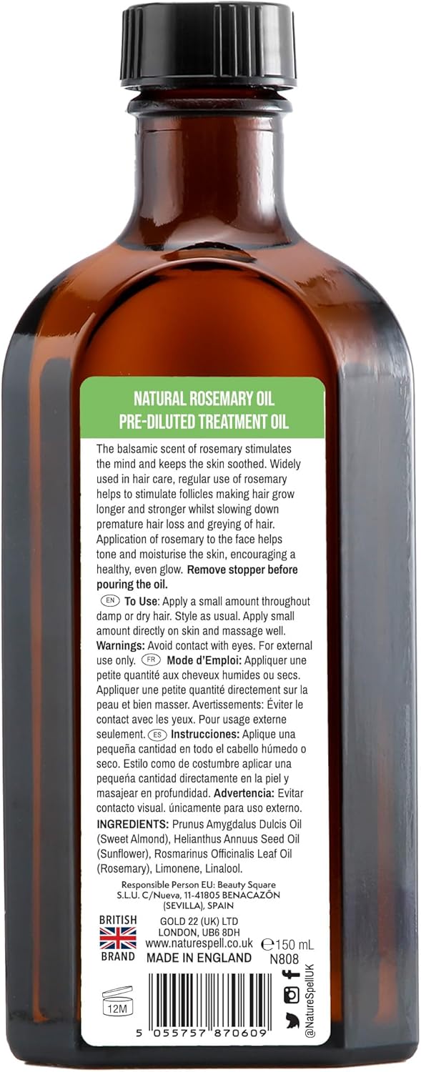 Nature Spell Rosemary Oil for Hair Growth, Pre-Diluted Scalp Oil, Stimulates Growth, Strengthens Dry and Damaged Strands, Nourishes Split Ends, Colour Safe, For All Hair Types, Vegan, 150 ml