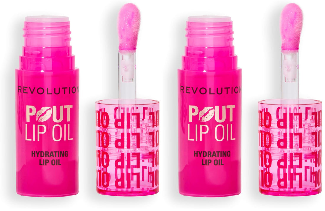 Revolution, Pout Lip Oil, Nourishing Tinted Lip Oil, High Shine, Non-Sticky Finish, Vegan & Cruelty-Free, Glam Pink Shimmer, 4ml