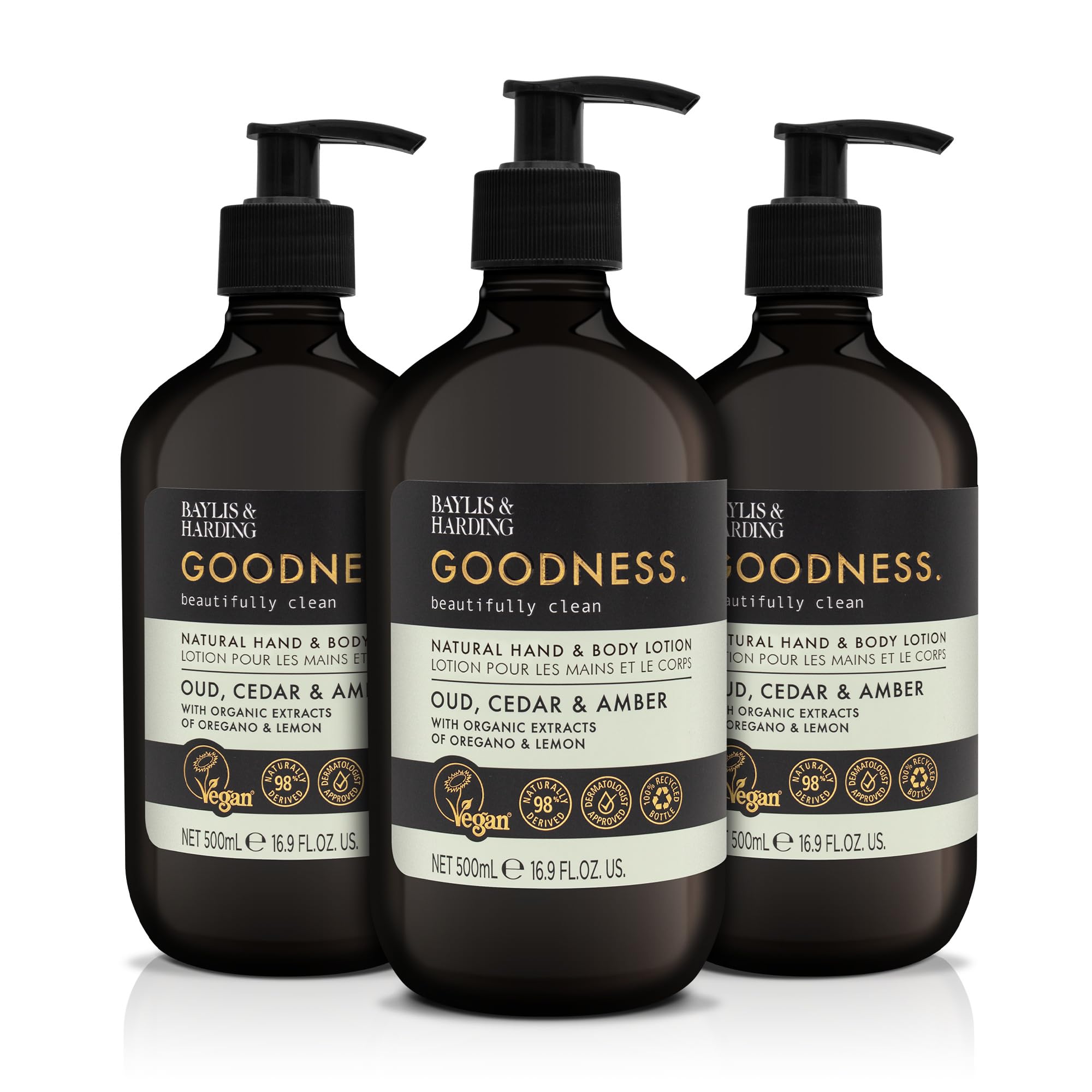 Baylis & Harding Goodness Oud, Cedar and Amber Body Wash, 500 ml (Pack of 3) - Vegan Friendly