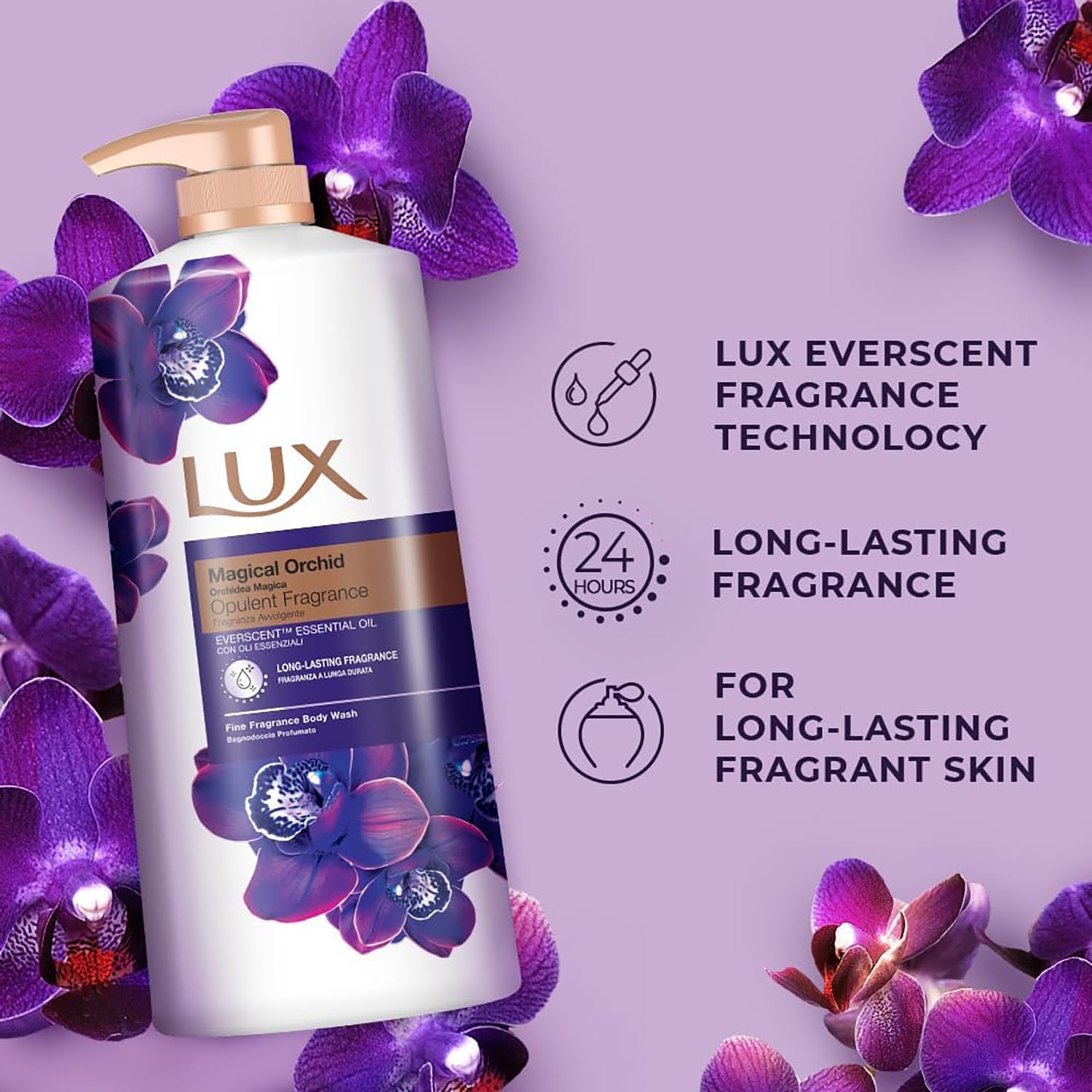 LUX Charming Peony Body Wash with Orange Oil - Men's & Women's Aromatic, Long-Lasting Fine Fragrance Shower Gel, Nourishing Body Cleanser, Aromatic Fragrance Bath Soap - Pack of 1, 1L
