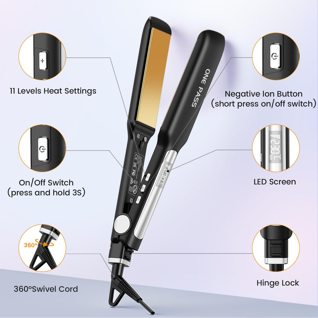 Faszin Professional Hair Straighteners, 42mm Wide-Plate Titanium Negative Ion Flat Iron, 30s Rapid Heating, Real-time Temperature Display, 11 Adjustable Temperature Levels (130-230℃) (Black) Halalzen