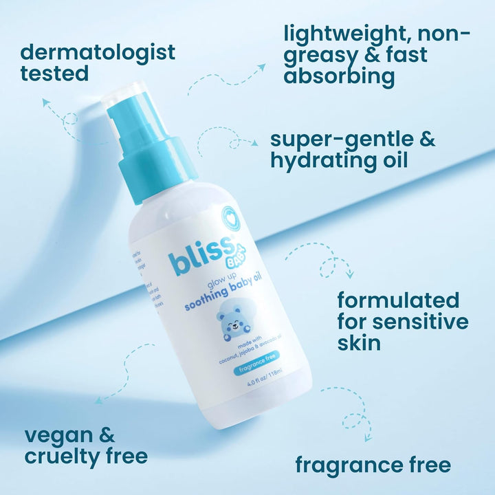 Bliss Baby Oil, All Natural, Premium & Unscented, Vegan - Made with Organic Avocado Oil, Coconut Oil, Dermatologist Tested, Soothing & Hydrating Baby Massage Oil, Travel Size 4 fl. Oz. Halalzen