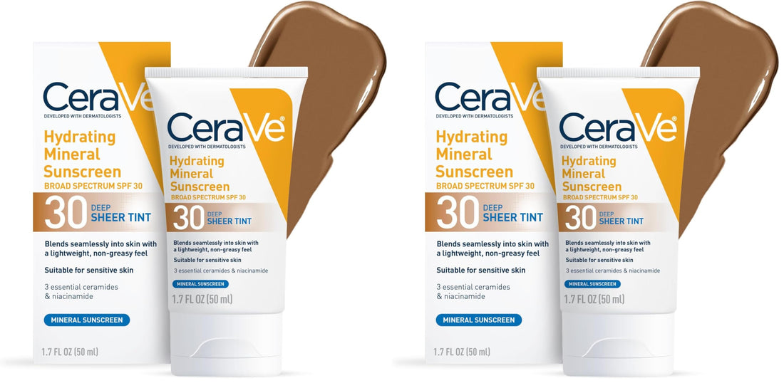 CeraVe Hydrating Mineral Sunscreen SPF 30 with Sheer Tint, Tinted Mineral Sunscreen with Zinc Oxide & Titanium Dioxide, Blends Seamlessly For Healthy Glow, Medium, 1.7 Fluid Ounce Halalzen