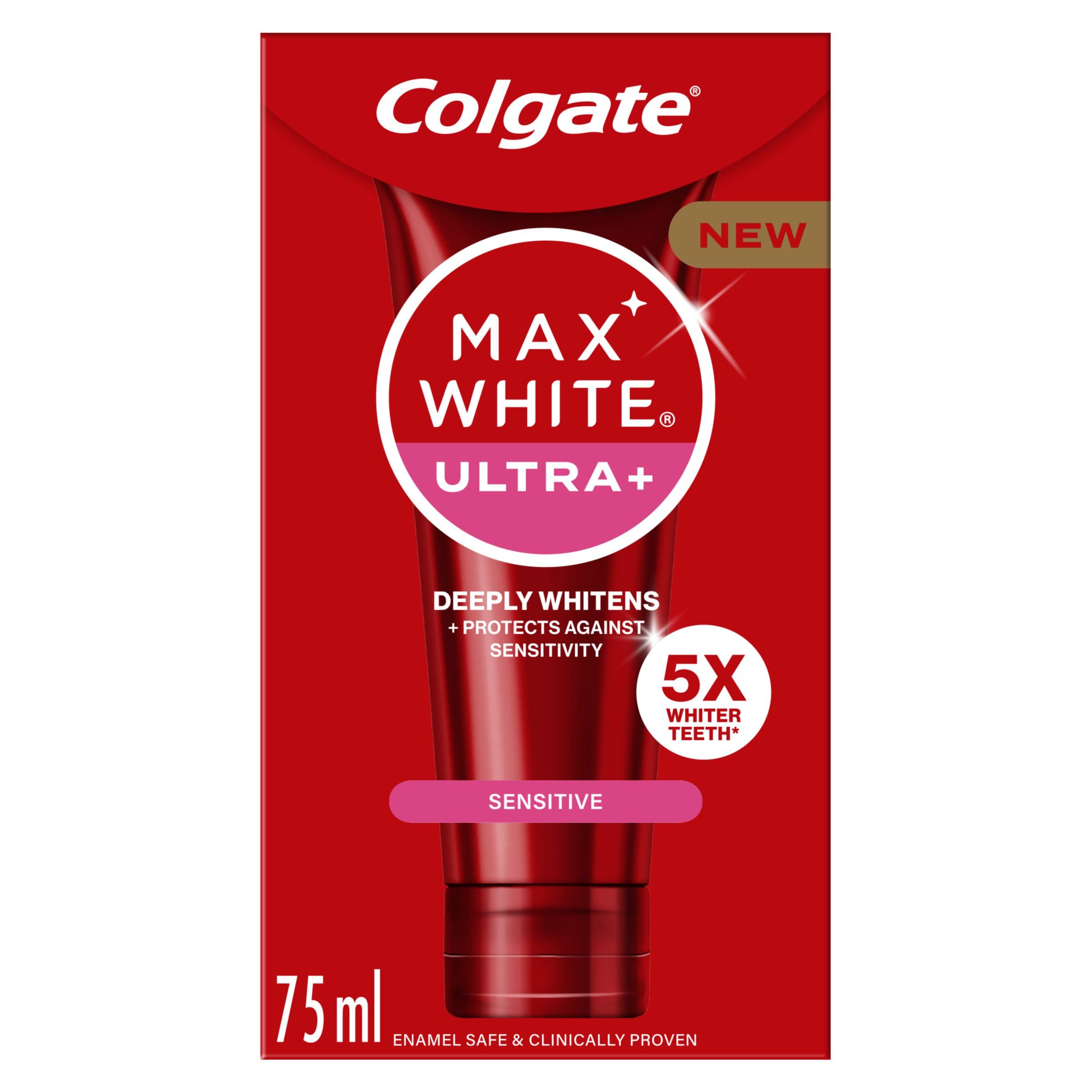 Colgate Max White Ultra+ Enamel Toothpaste 75ml, Whitens Deep Stains for 5X Whiter Teeth, ActiveShine Technology Smoothes Enamel Surface to Reflect Light, Protects and Remineralises Enamel