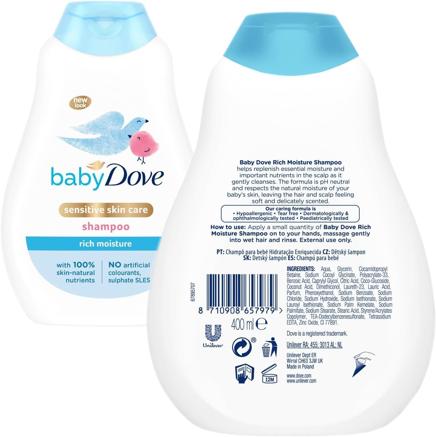 Baby Dove Rich Moisture Baby Care Set – 3-Piece Bundle: Tear-Free Head to Toe Wash (400ml), Gentle Shampoo (400ml), & Moisturising Lotion (200ml) suitable for Sensitive Skin