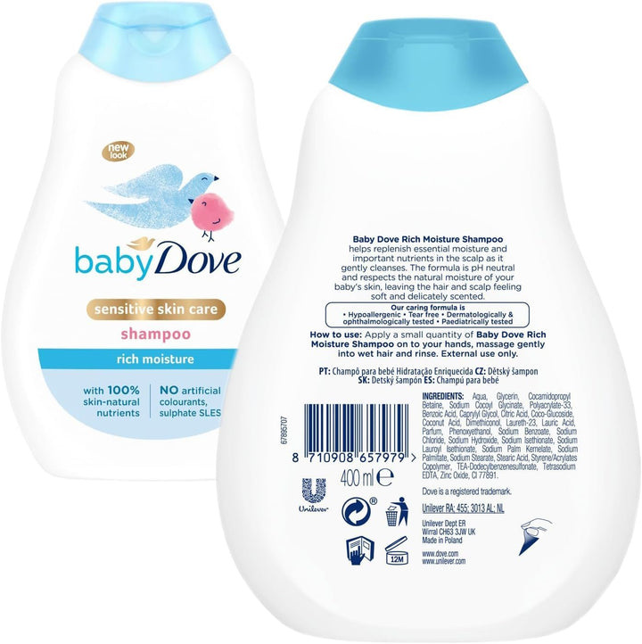 Baby Dove Rich Moisture Baby Care Set – 3-Piece Bundle: Tear-Free Head to Toe Wash (400ml), Gentle Shampoo (400ml), & Moisturising Lotion (200ml) suitable for Sensitive Skin