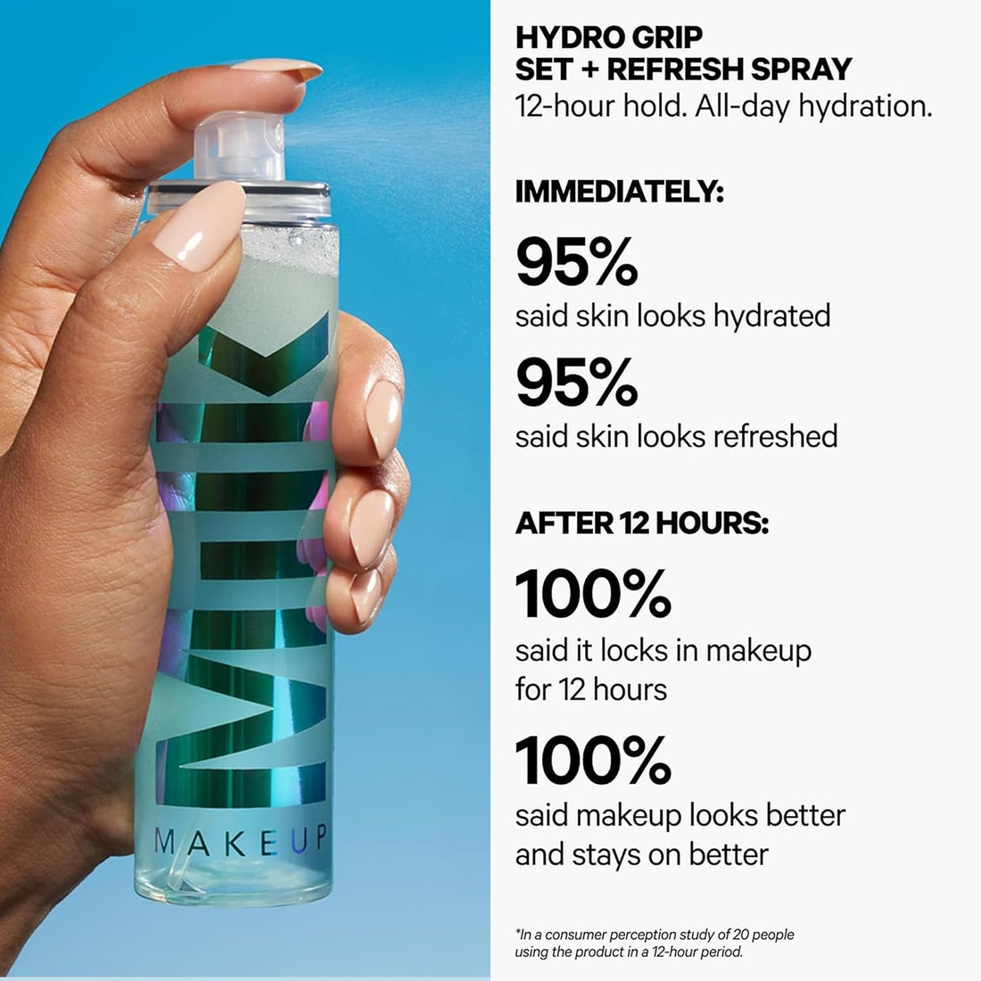 Milk Makeup Hydro Grip Set + Refresh Spray with Hyaluronic Acid – Sets Makeup + Hydrates Skin for Up to 12 Hours – Long-Lasting, Alcohol-Free Facial Mist for Dewy, Radiant Skin