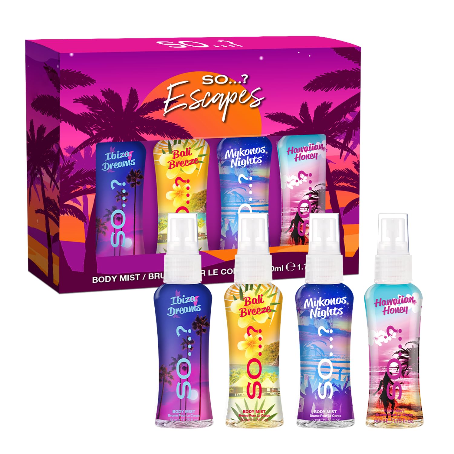So…? Escapes Womens Gift Set, with Ibiza Dream, Bali Breeze, Mykonos Nights & Majorca Love, Fragrance Spray Set (4 x 50ml) Halalzen