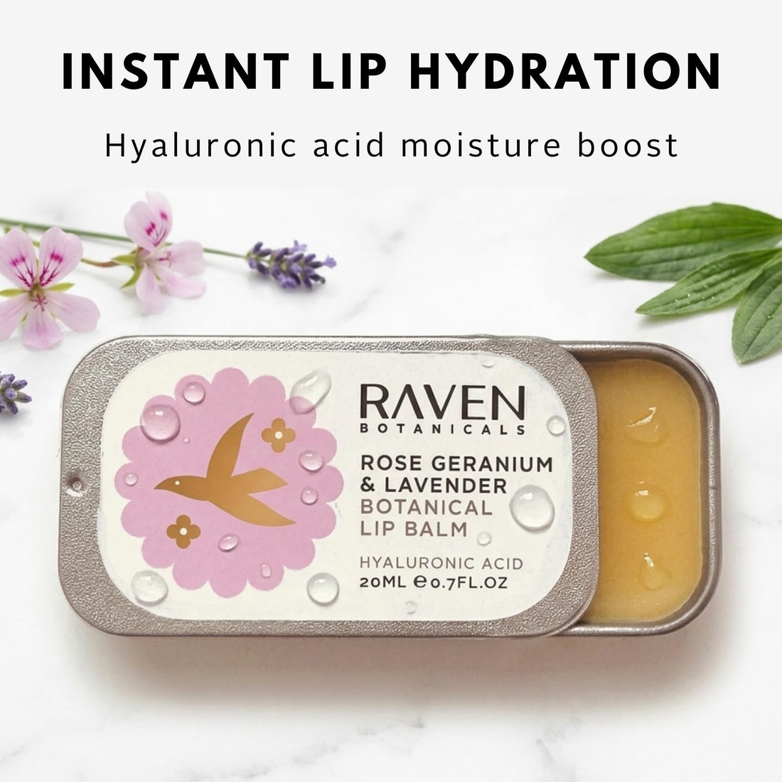 Raven Botanicals Natural Lip Balm Treatment, Hydration and Barrier Support, Organic Plant Extract Formula – Botanical Lip Balm 20ml (Rose Geranium)
