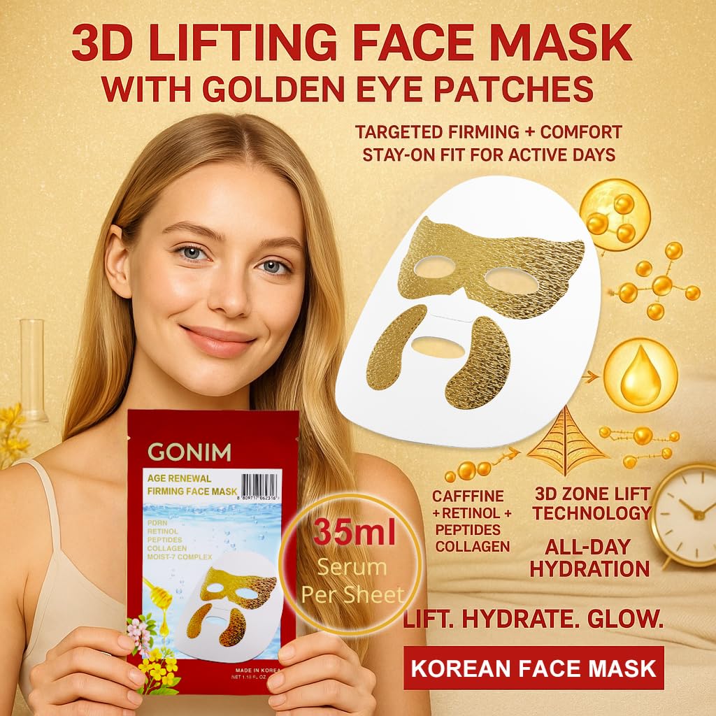 GONIM Korean Face Mask with Integrated Eye Patches with PDRN, Caffeine, Retinol, Collagen Face Mask, Hydrating Face Masks, Hyaluronic Acid Serum Sheet Mask Korean Skin Care Anti Aging 35ml/1.18ozx4 Halalzen