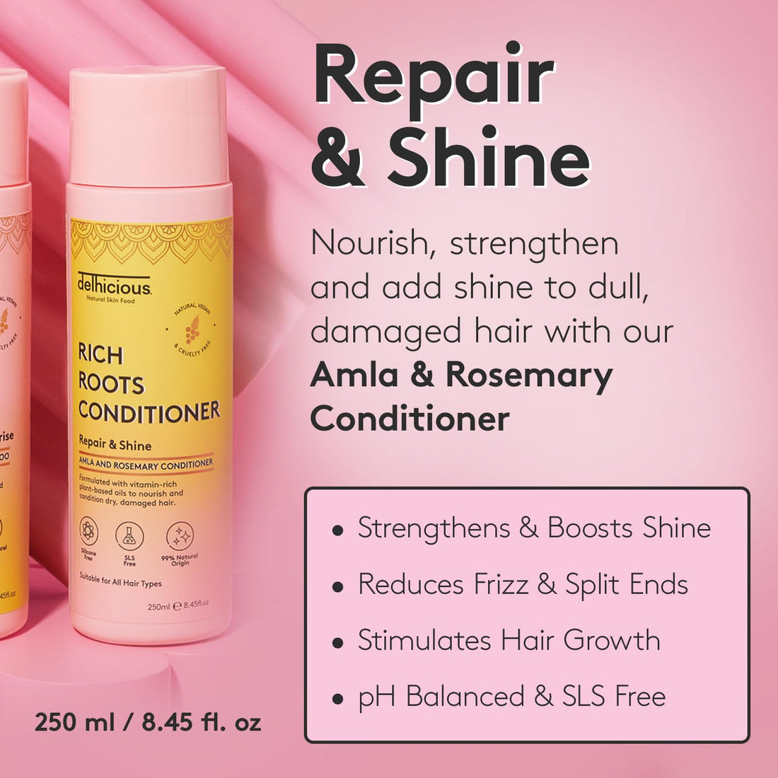 Delhicious Amla Hair Oil & Rosemary Oil Conditioner for Hair Growth - Rich Roots Vegan Conditioner for Thinning Hair, Damaged Hair, Dry Scalp - Shea Butter & Argan Oil - Ayurveda, Sulphate Free, 250ml