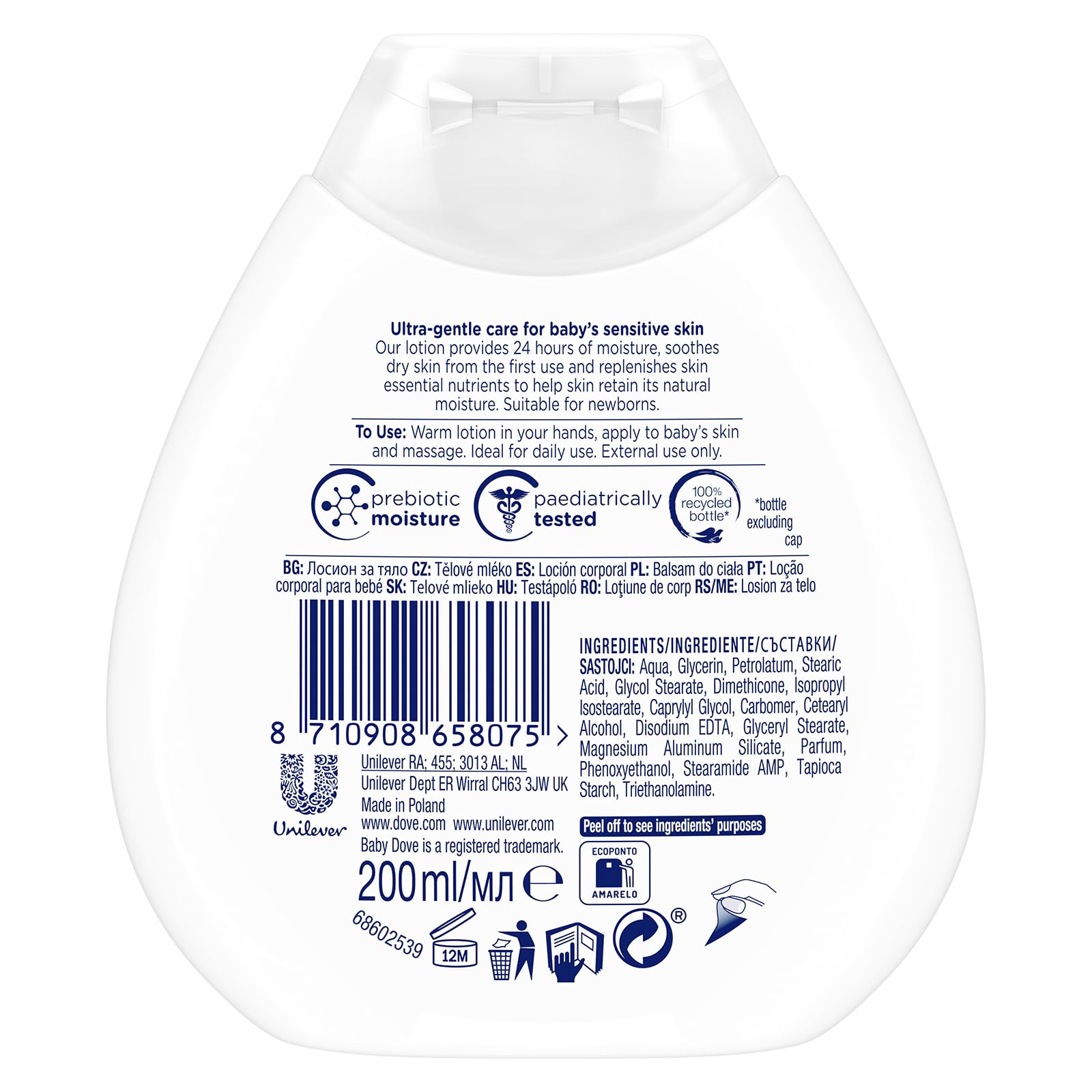 Baby Dove Rich Moisture Baby Lotion - Soothing & Nourishing for Newborns & Infants, Gentle Moisturiser for Dry, Sensitive Skin, Daily Skincare with Delicate Scent, All-Day Hydration - 200ml, Pack of 3 Halalzen