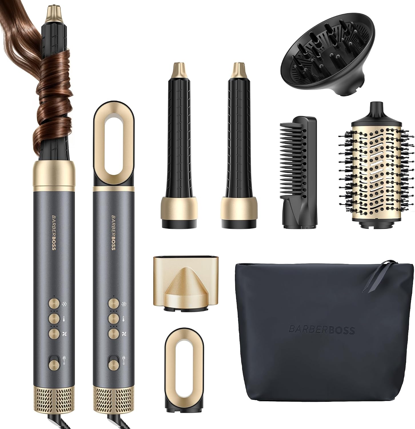 BarberBoss All-in-One Hot Air Styler, Professional Fast Drying Hair Dryer, Anti Frizz, Negative Ionic Technology Air Styler, Volumiser and Curler, Straightener, High Speed Hair Styling Tool, QR-8820 Halalzen