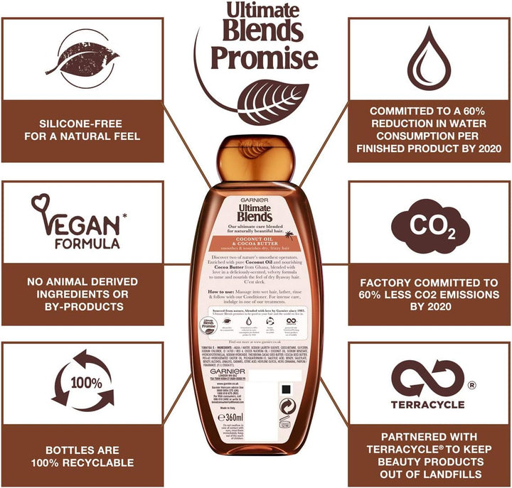 Garnier Ultimate Blends Shampoo & Conditioner Set | Sleek Restorer With Coconut Oil & Cocoa Butter Smoothing for Sleek, Smooth, Frizz-Free Hair | 360 ml | Halalzen